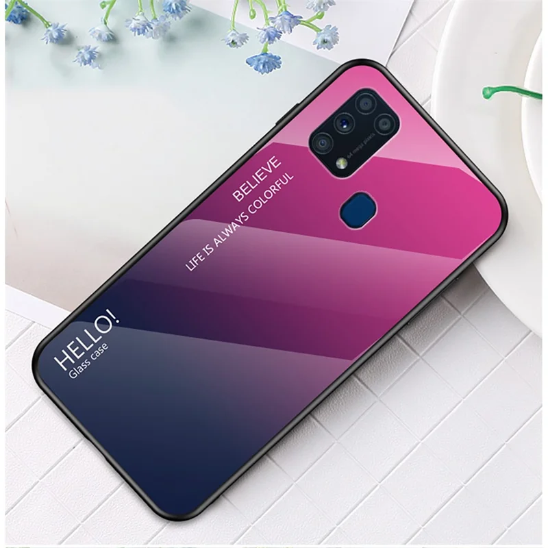 Gradient Color Tempered Glass + PC + TPU Hybrid Case for Samsung Galaxy M31 - Rose/Dark Blue