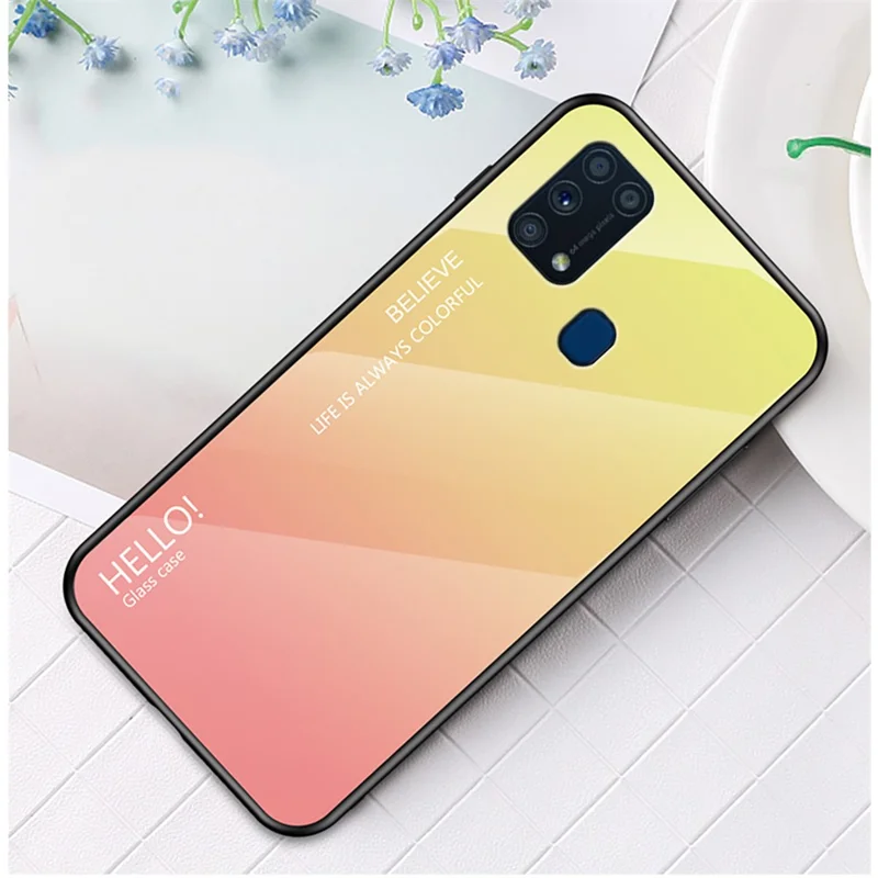 Gradient Color Tempered Glass + PC + TPU Hybrid Case for Samsung Galaxy M31 - Yellow/Pink