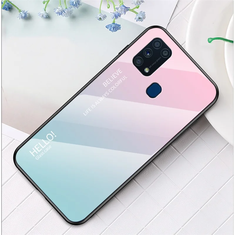 Gradient Color Tempered Glass + PC + TPU Hybrid Case for Samsung Galaxy M31 - Pink/Cyan