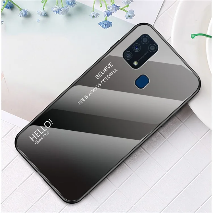 Gradient-Farbiges gehärtetes Glas + PC + TPU Hybridgehäuse für Samsung Galaxy M31 - Grau