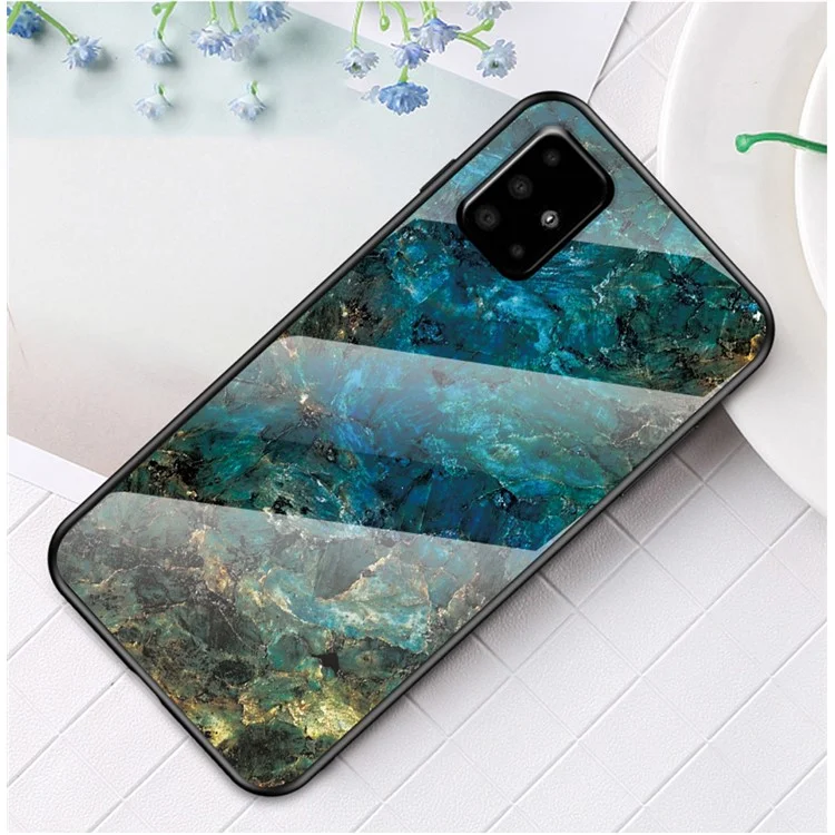 Capa de Telefone de Vidro Temperado com Padrão de Grão de Mármore para Samsung Galaxy A71 A715 - Esmeralda