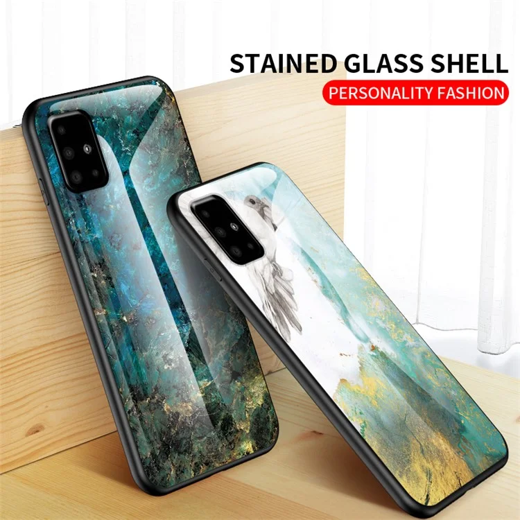 Capa de Telefone de Vidro Temperado com Padrão de Grão de Mármore para Samsung Galaxy A71 A715 - Esmeralda
