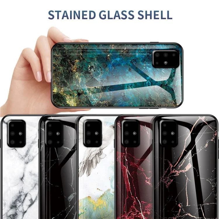 Capa de Telefone de Vidro Temperado com Padrão de Grão de Mármore para Samsung Galaxy A71 A715 - Esmeralda