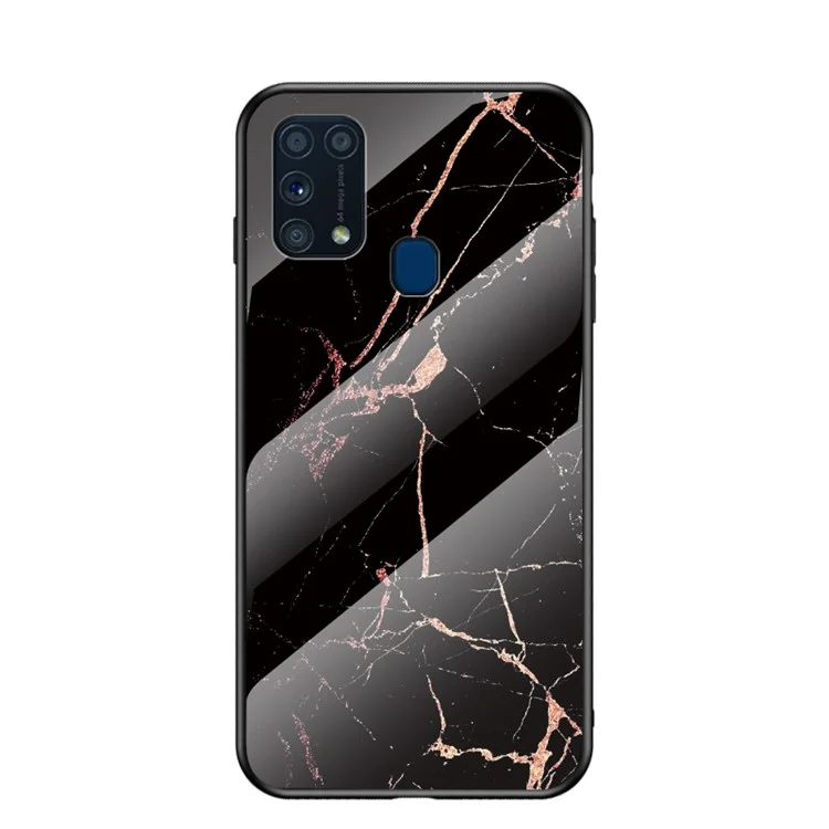 Carcasa híbrida de vidrio templado con textura de mármol + PC + TPU para Samsung Galaxy M31 - Negro / Oro