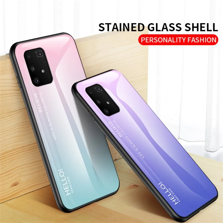 Gradient Color Temperred Glass + PC + TPU Shell Pour Samsung Galaxy A91 / S10 Lite - Rose / Violet Clair