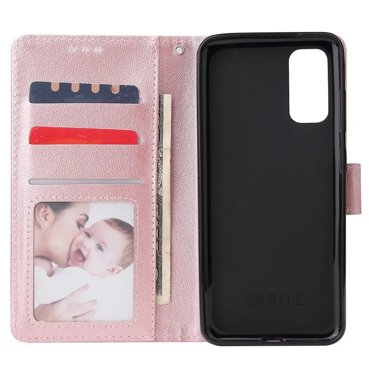 PU Leather Wallet Cell Phone Case with Lanyard Shell for Samsung Galaxy S20 4G/S20 5G - Rose Gold