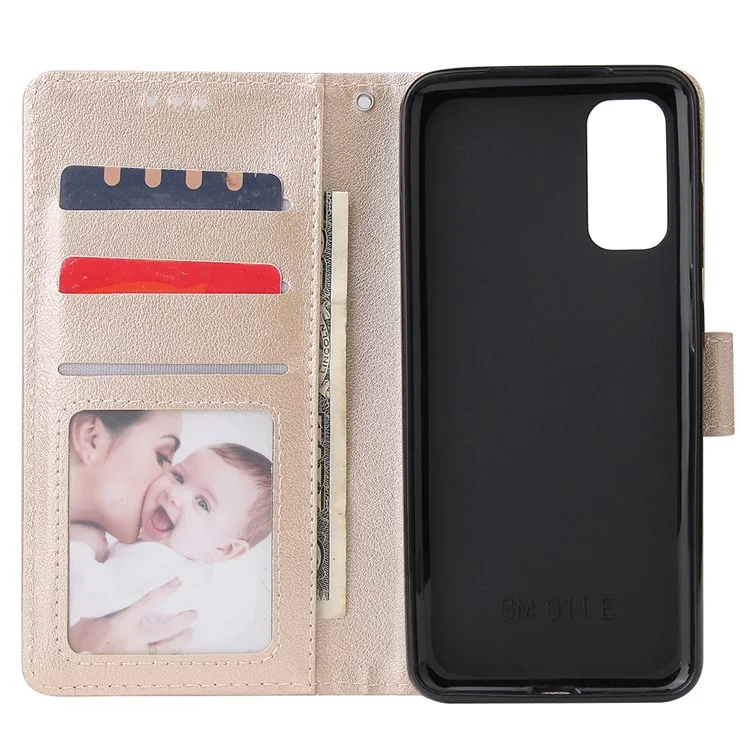 Корпус Мобильного Телефона Кожи Кожи PU с Оболочкой Lanyard Для Samsung Galaxy S20 4G/S20 5G - Золото