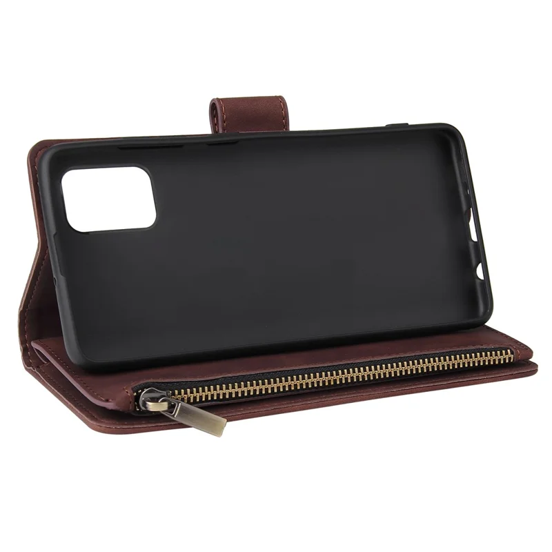 Zipper Pocket Leren Portemonnee Hoesje voor Samsung Galaxy A51 - Koffie