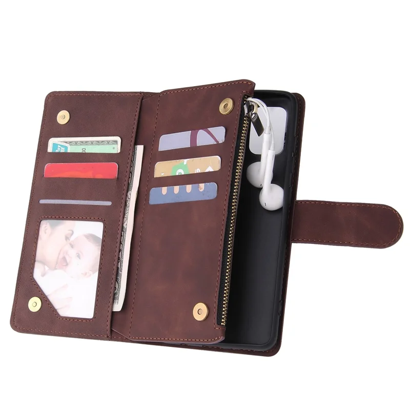 Zipper Pocket Leren Portemonnee Hoesje voor Samsung Galaxy A51 - Koffie