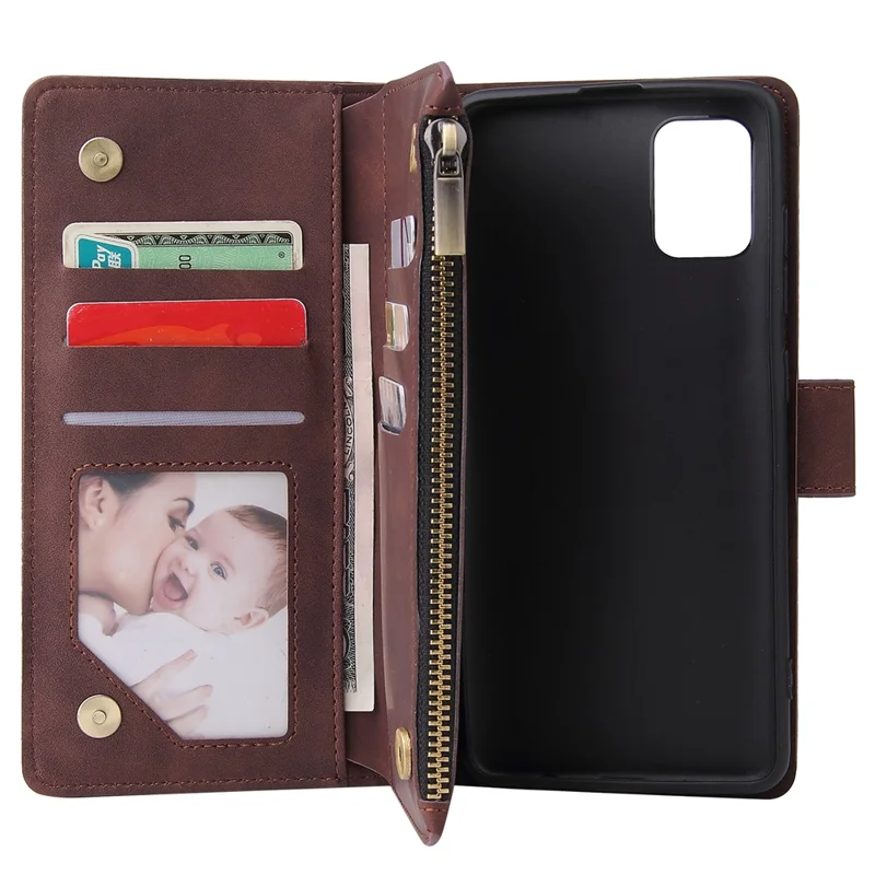 Zipper Pocket Leren Portemonnee Hoesje voor Samsung Galaxy A51 - Koffie