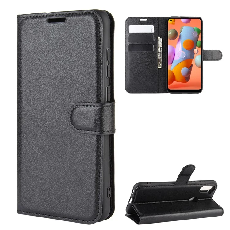 Litchi Grain Wallet Stand Leather Shell for Samsung Galaxy A11 (US Version) - Black