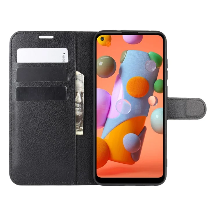 Litchi Grain Wallet Stand Leather Shell for Samsung Galaxy A11 (US Version) - Black