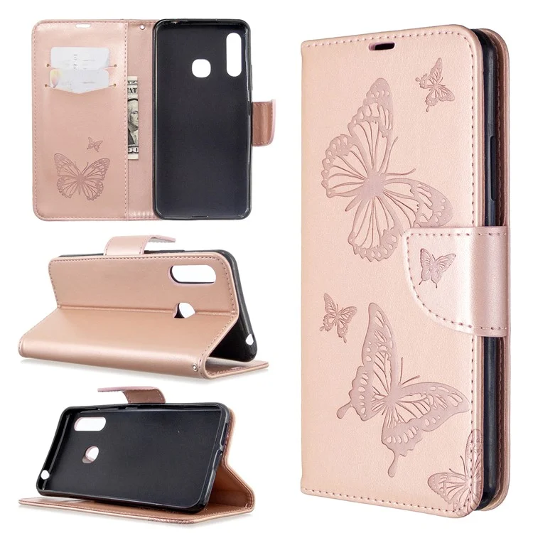 Imprint Butterflies Swellet Stand Flip Leather Case Для Samsung Galaxy A70e - Розовое Золото