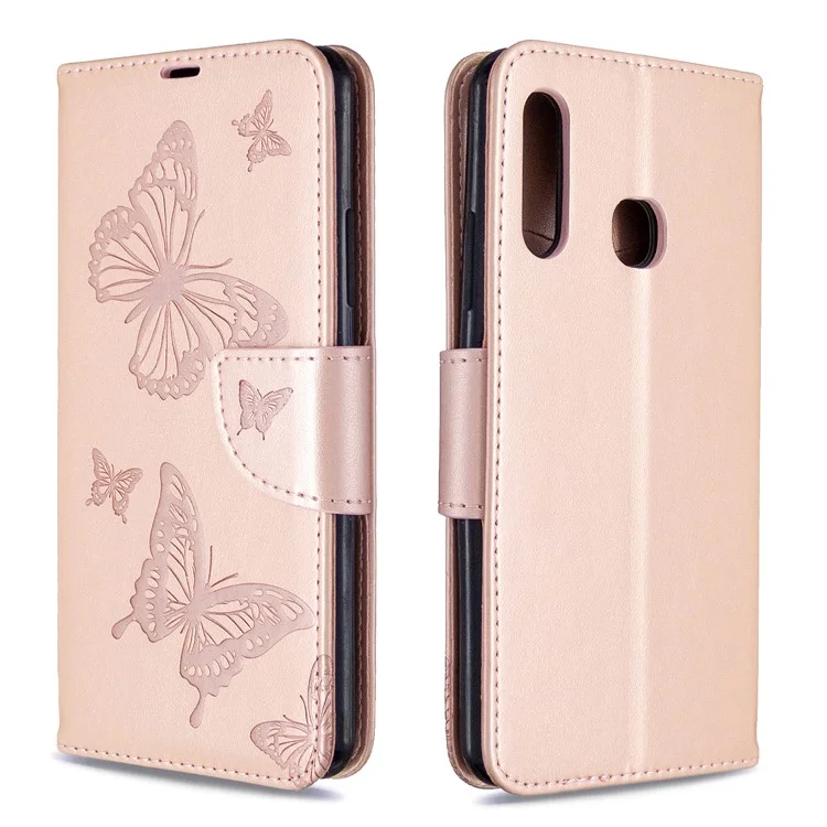 Imprint Butterflies Wallet Stand Flip Leather Case for Samsung Galaxy A70e - Rose Gold