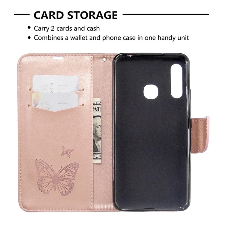 Imprint Butterflies Swellet Stand Flip Leather Case Для Samsung Galaxy A70e - Розовое Золото