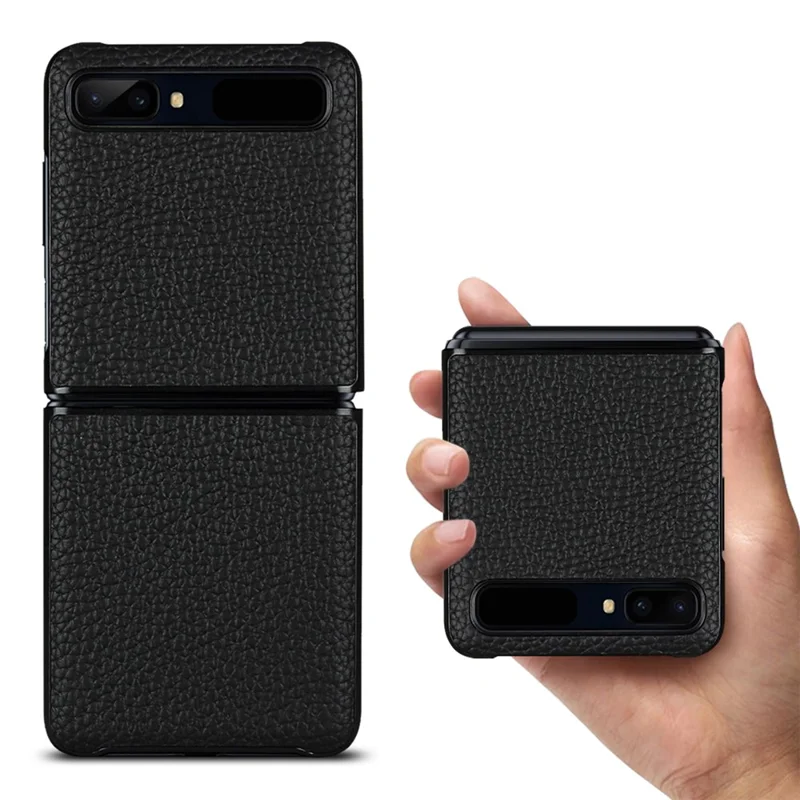 For Samsung Galaxy Z Flip Litchi Texture Genuine Leather + TPU Shockproof Folding Anti-Drop Phone Case - Black