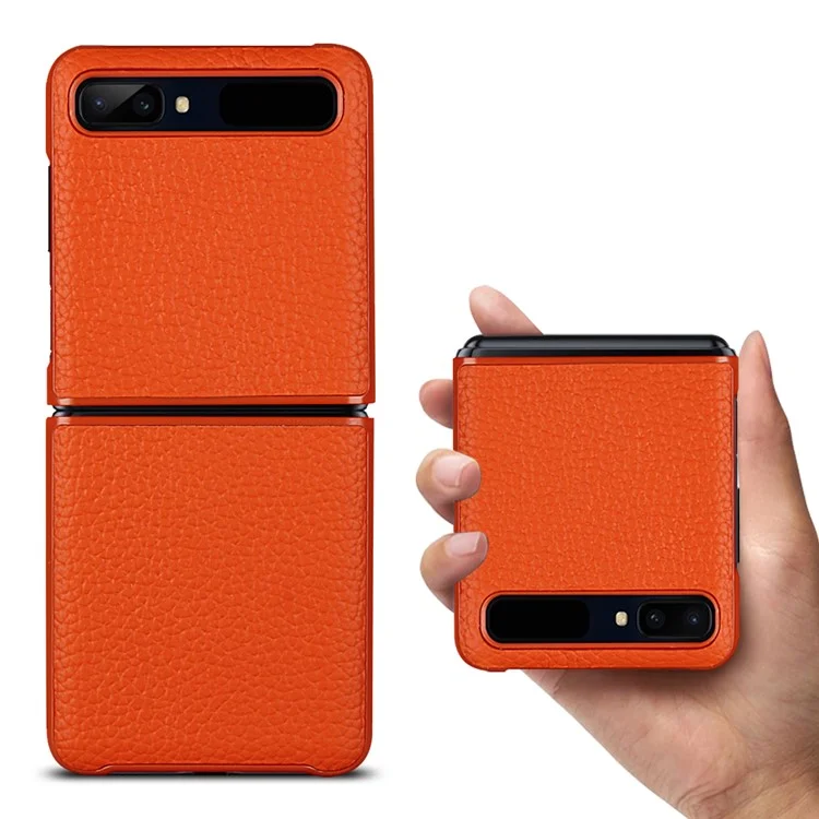 For Samsung Galaxy Z Flip Litchi Texture Genuine Leather + TPU Shockproof Folding Anti-Drop Phone Case - Orange