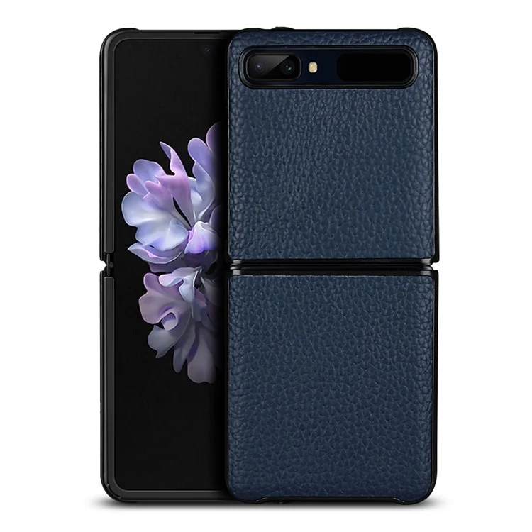 Para Samsung Galaxy Z Flip Textura de Litchi Genuina Piel + Funda de Teléfono Antichoque Plegable Anticaída de TPU - Azul
