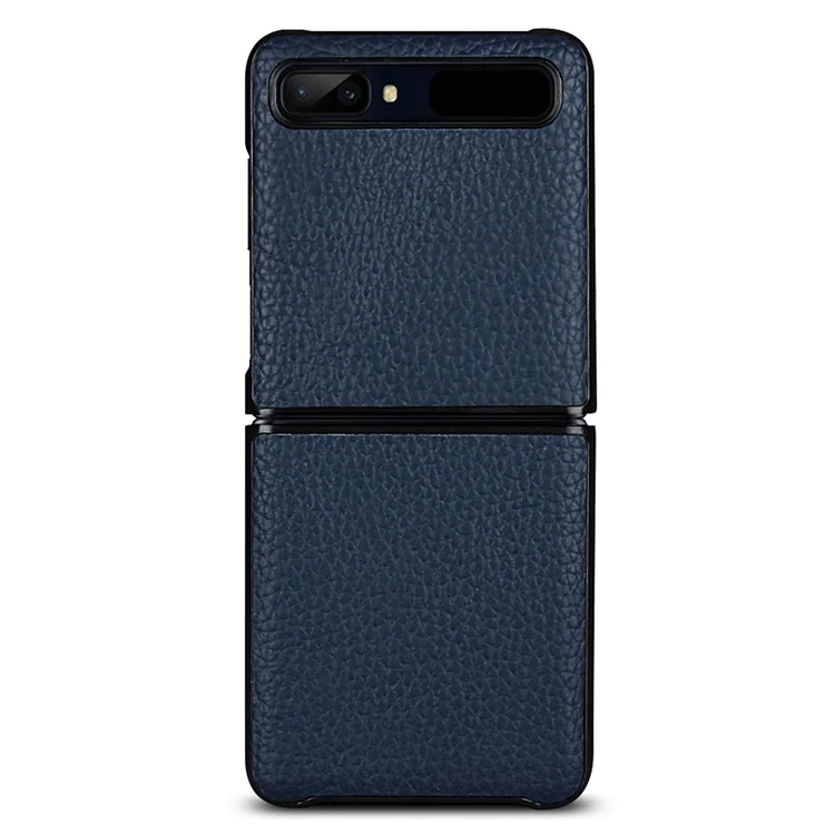 Para Samsung Galaxy Z Flip Textura de Litchi Genuina Piel + Funda de Teléfono Antichoque Plegable Anticaída de TPU - Azul