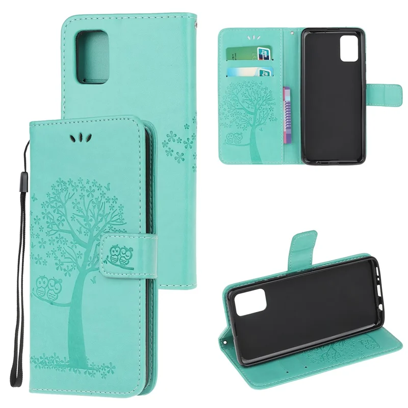 Imprint Tree and Owl Pattern Leather Wallet Covering for Samsung Galaxy A41 (Global Version) - Cyan