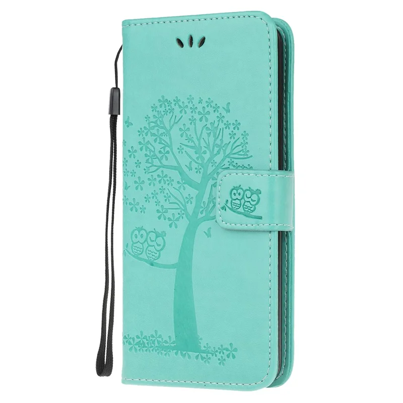 Imprint Tree and Owl Pattern Leather Wallet Covering for Samsung Galaxy A41 (Global Version) - Cyan