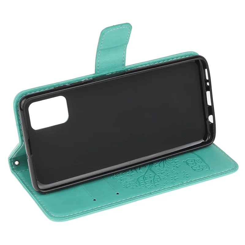 Imprint Tree and Owl Pattern Leather Wallet Covering for Samsung Galaxy A41 (Global Version) - Cyan