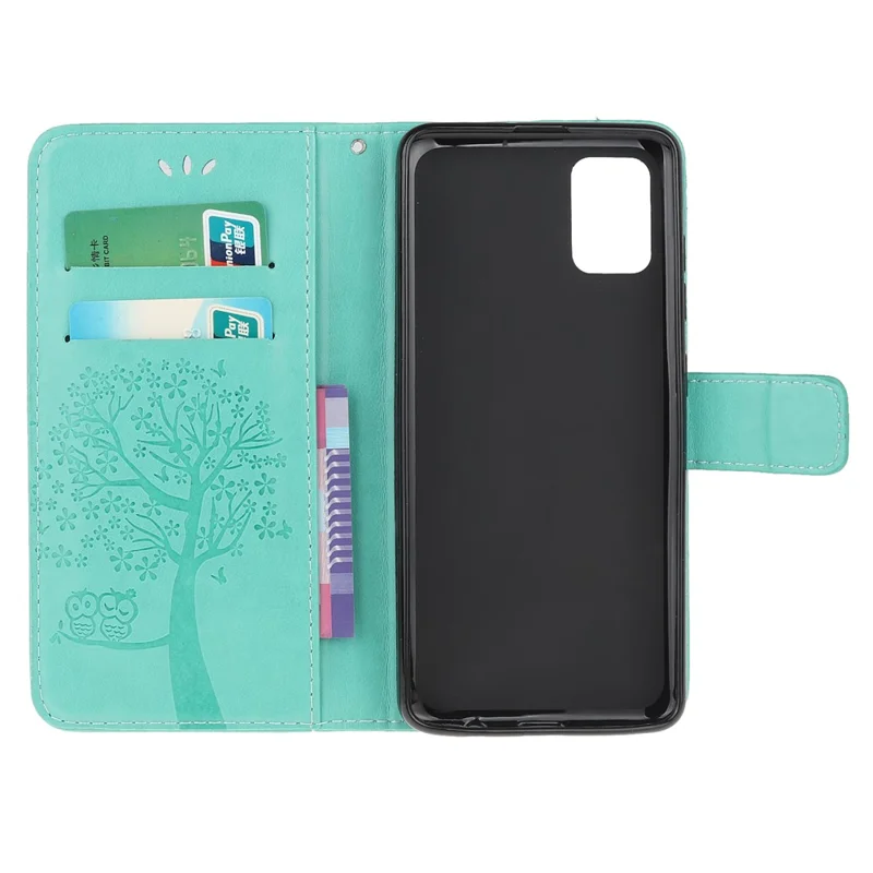 Imprint Tree and Owl Pattern Leather Wallet Covering for Samsung Galaxy A41 (Global Version) - Cyan