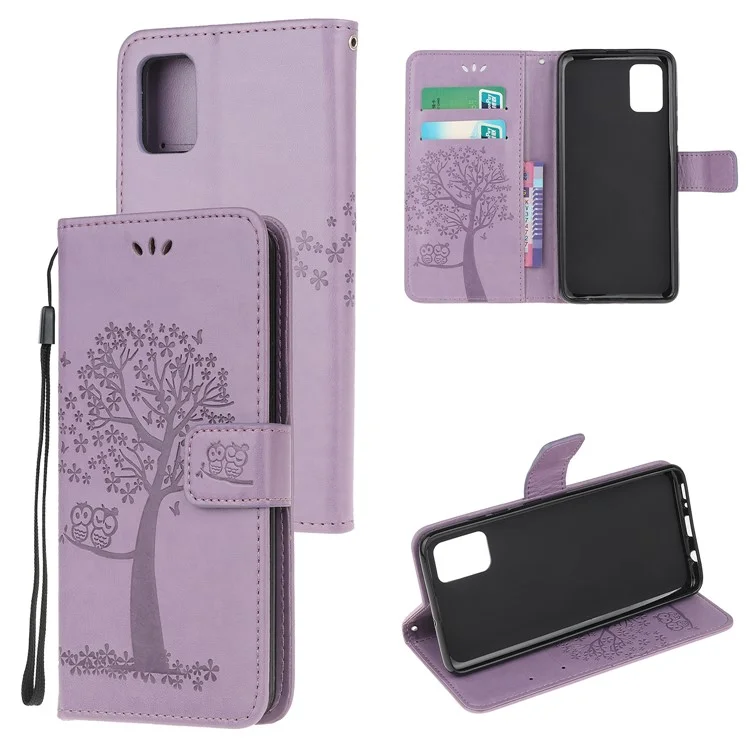 Imprint Tree and Owl Pattern Leather Wallet Covering for Samsung Galaxy A41 (Global Version) - Light Purple