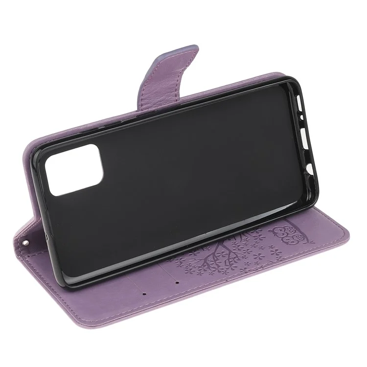 Imprint Tree and Owl Pattern Leather Wallet Covering for Samsung Galaxy A41 (Global Version) - Light Purple