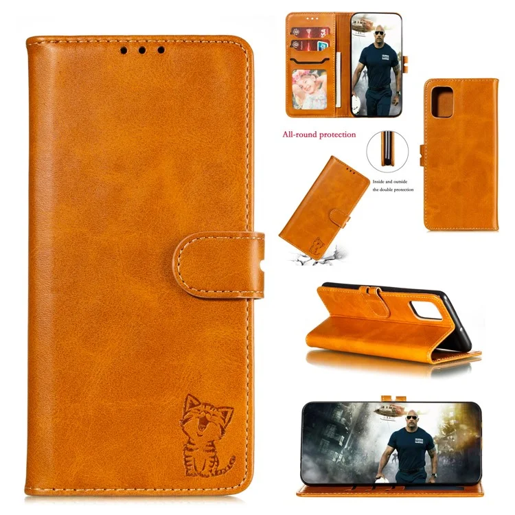Imprint Happy Cat PU Leather Wallet Stand Phone Cover for Samsung Galaxy A41 (Global Version) - Brown