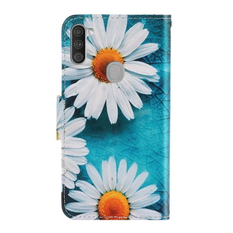 Estuche de Billetera de Cuero de Impresión de Patrones Para Samsung Galaxy M11 - Flores Blancas