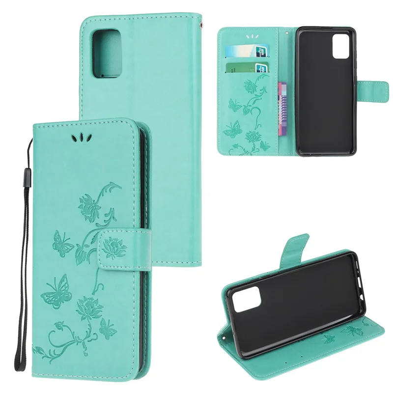 Imprint Butterfly Flower Wallet Leather Cell Phone Case for Samsung Galaxy A51 5G - Cyan