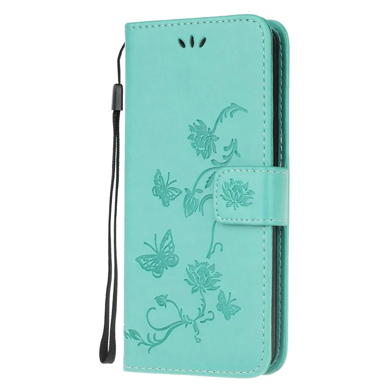 Imprint Butterfly Flower Wallet Leather Cell Phone Case for Samsung Galaxy A51 5G - Cyan