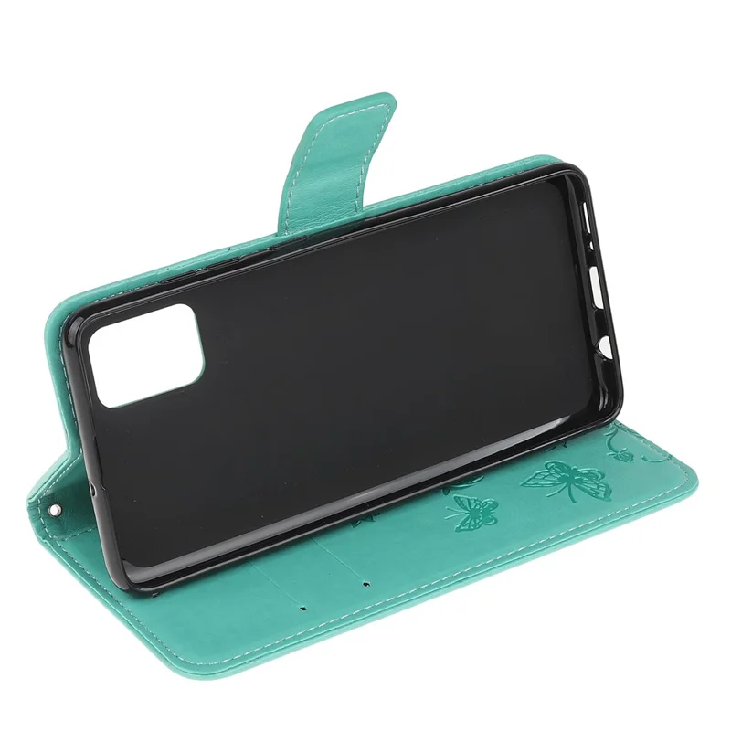 Imprint Butterfly Flower Wallet Leather Cell Phone Case for Samsung Galaxy A51 5G - Cyan