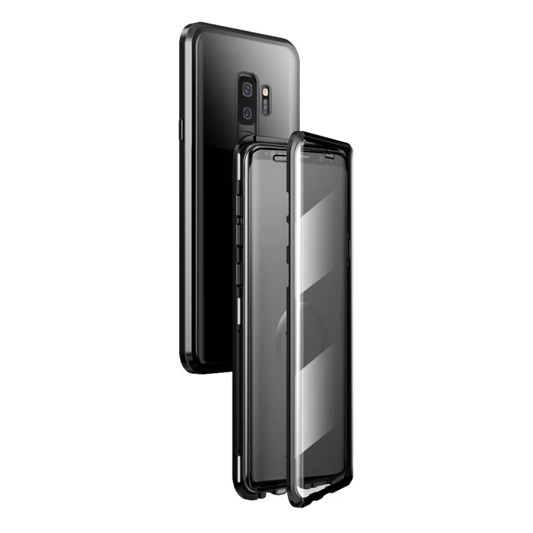 Magnetic Installation Metal Frame + Tempered Glass Full Covering Case for Samsung Galaxy S9 Plus - Black