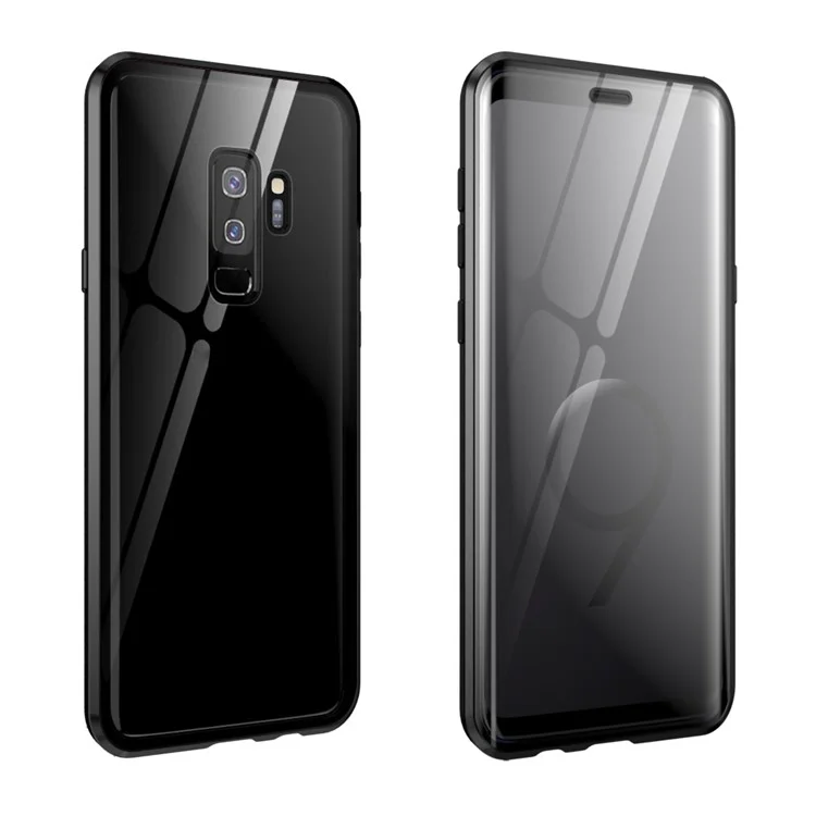 Magnetic Installation Metal Frame + Tempered Glass Full Covering Case for Samsung Galaxy S9 Plus - Black