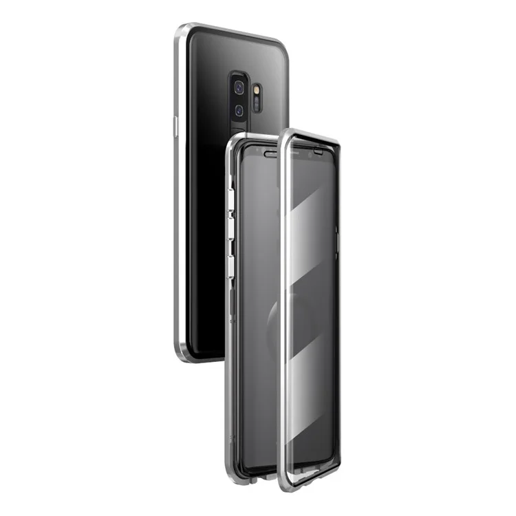 Magnetic Installation Metal Frame + Tempered Glass Full Covering Case for Samsung Galaxy S9 Plus - Silver