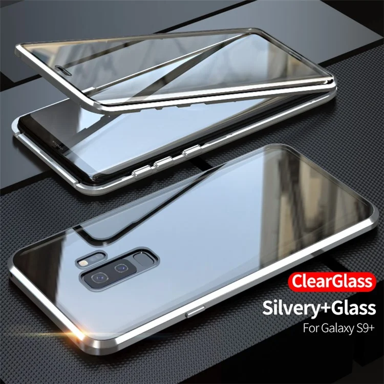 Magnetic Installation Metal Frame + Tempered Glass Full Covering Case for Samsung Galaxy S9 Plus - Silver
