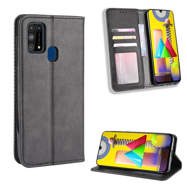 Magnetic Retro Leather with Wallet Phone Shell for Samsung Galaxy M31 - Black