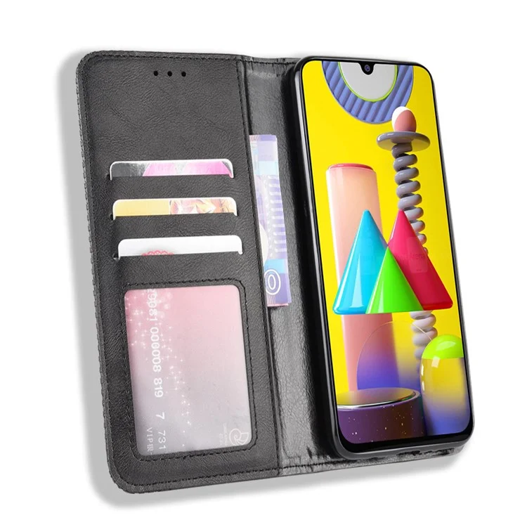 Custodia Magnetica Retro in Pelle con Portafoglio per Samsung Galaxy M31 - Nero
