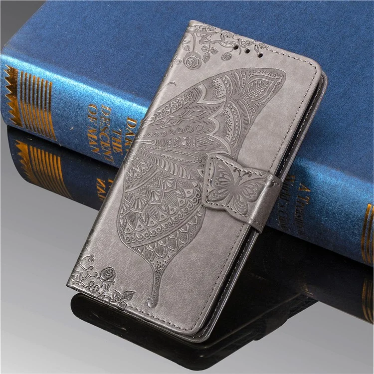 Imprint Butterfly Flower Wallet Leather Stand Case for Samsung Galaxy M31 - Grey