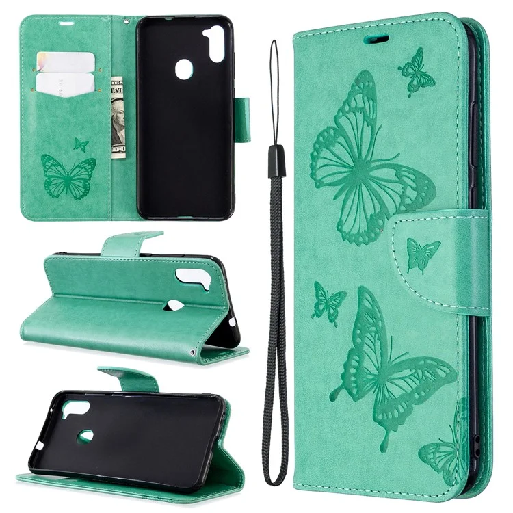 Étui à rabat en cuir avec support pour portefeuille Imprint Butterflies pour Samsung Galaxy A11 (version européenne) / M11 - Vert 