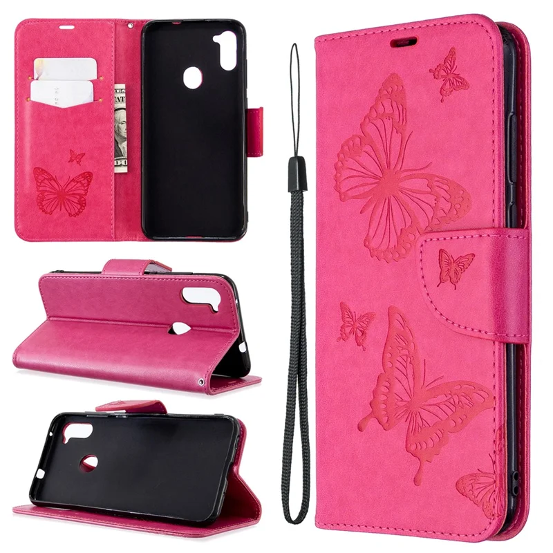 Imprint Butterflies Wallet Stand Flip Leather Case for Samsung Galaxy A11 (EU Version) / M11 - Rose