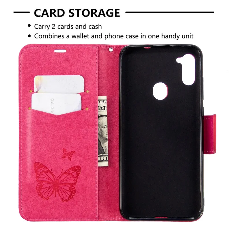 Imprint Butterflies Wallet Stand Flip Leather Case for Samsung Galaxy A11 (EU Version) / M11 - Rose