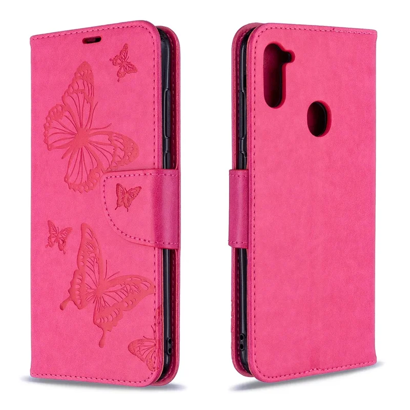 Imprint Butterflies Wallet Stand Flip Leather Case for Samsung Galaxy A11 (EU Version) / M11 - Rose