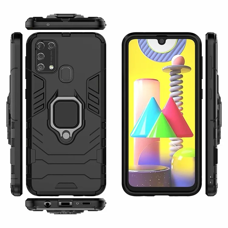 Cool Guard Ring Holder Kickstand PC + TPU Stylish Case for Samsung Galaxy M31 - Black