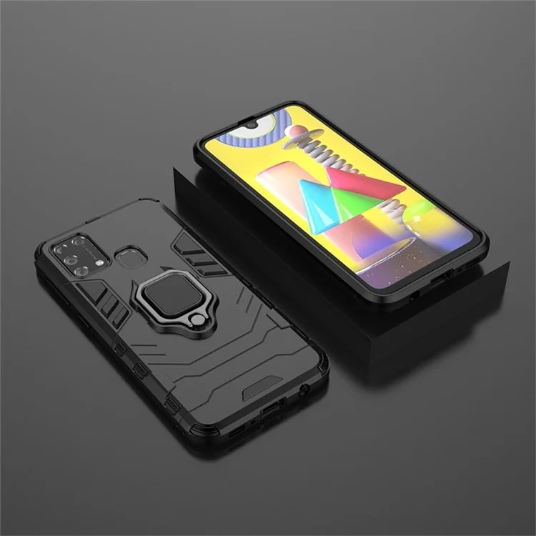 Cool Guard Ring Holder Kickstand PC + TPU Stylish Case for Samsung Galaxy M31 - Black