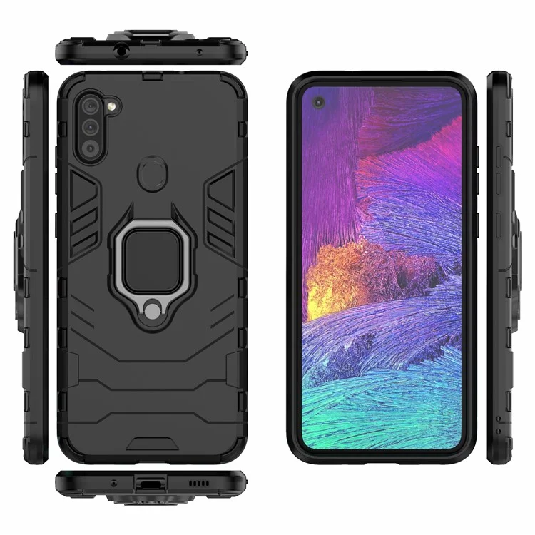 Cool Guard Ring Holder Kickstand PC + TPU Stylish Case for Samsung Galaxy A11 (EU Version) - Black