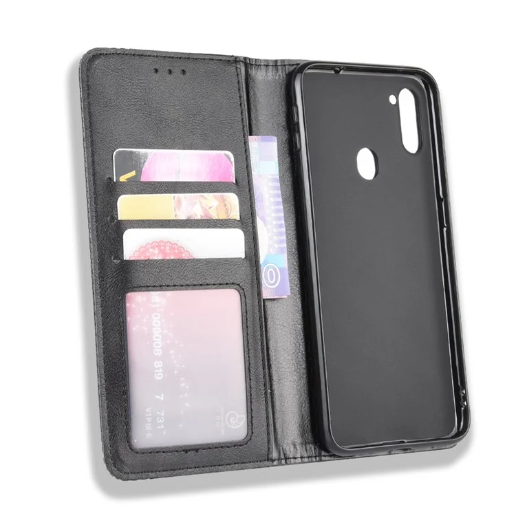 Vintage Style Leather Wallet Stand Case Cover for Samsung Galaxy M11 / A11 (EU Version) - Black