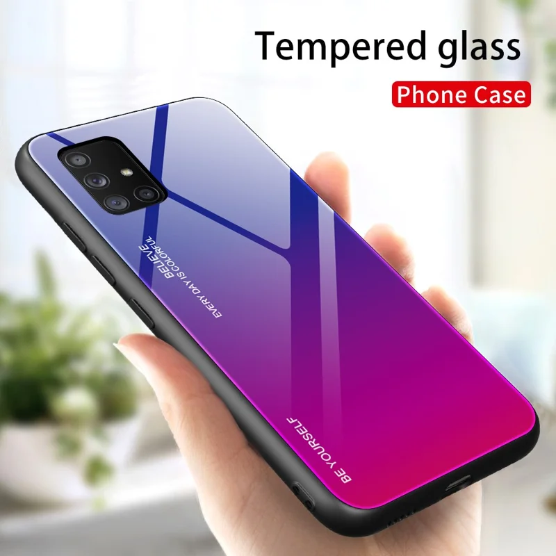 Gradient Color Tempered Glass + PC + TPU Phone Case for Samsung Galaxy A71 5G SM-A716 - Dark Blue / Rose